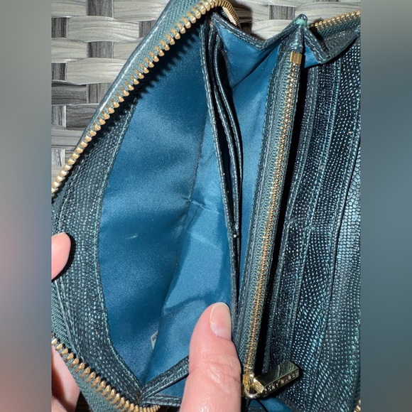 Tory Burch Teal Blue Lizard Embossed Leather Zip Around Continental Wallet - Picture 6 of 15